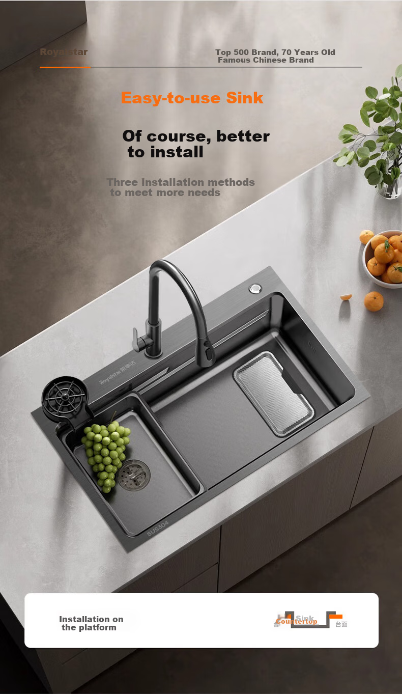 Royalstar Kitchen Sink, Large Single Basin, 304 Stainless Steel, Handmade Thickened Nano Textured Anti-Scratch Sump Washing Bowl, 68*45 3
