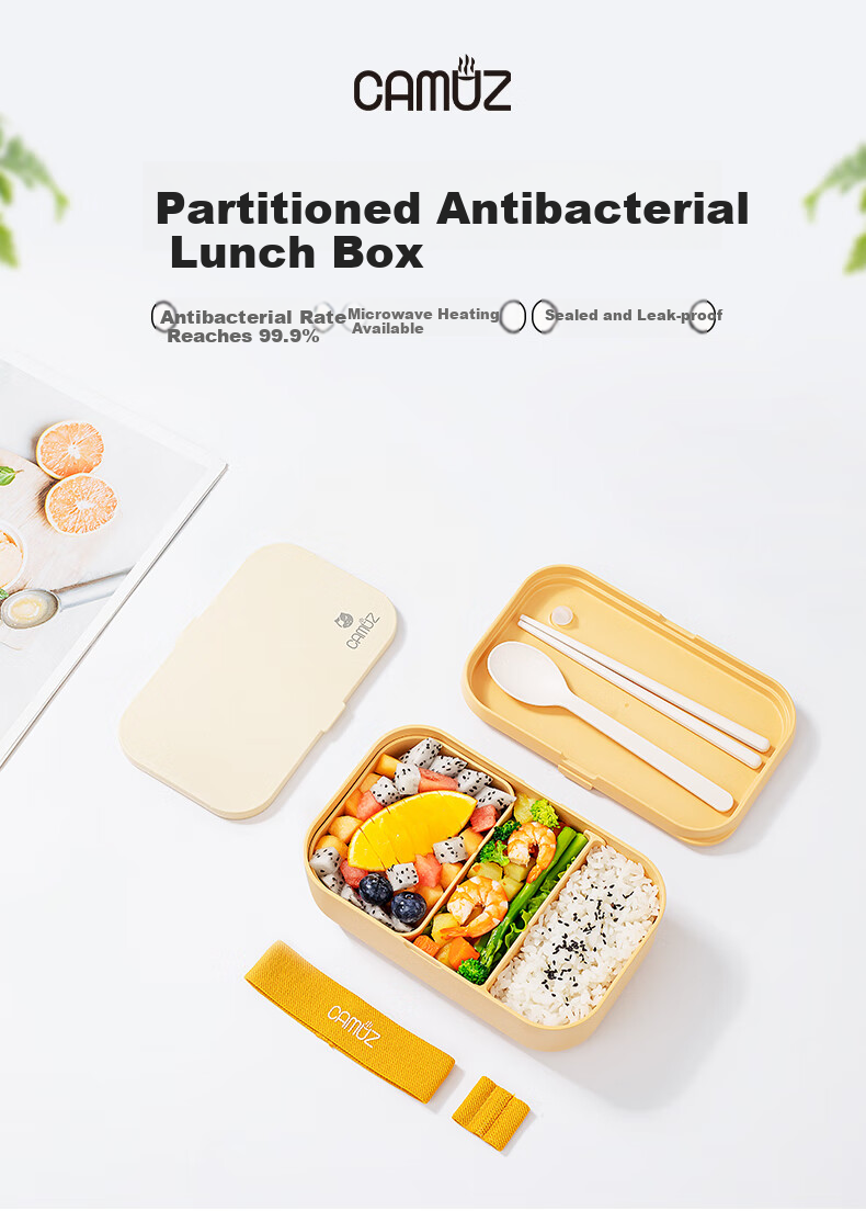 CAMUZ Bamboo Fiber Antibacterial Compartment Lunch Box Microwave-Safe Large Capacity 1000ML Bento Box for Office Workers, White Collaboration Editio 1
