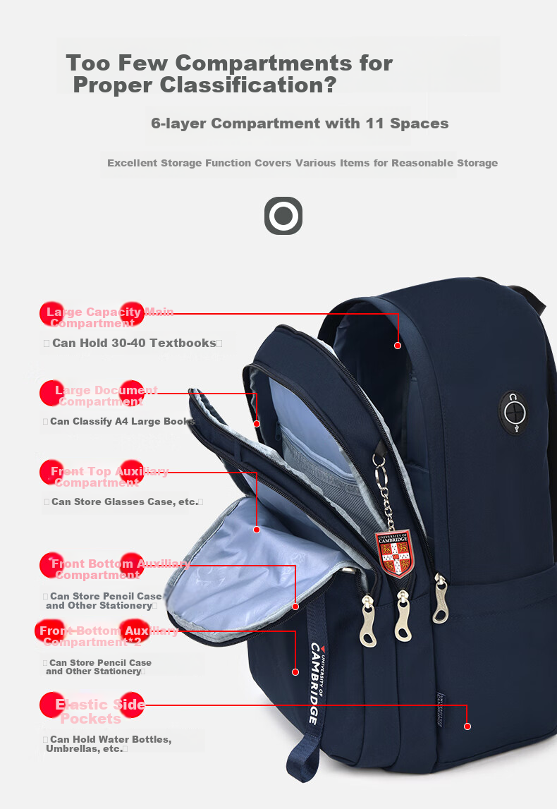 UNIVERSITY OF CAMBRIDGE Cambridge University Middle School Student Backpack for Boys, Large Capacity Casual Backpack for Middle And High School Students 2
