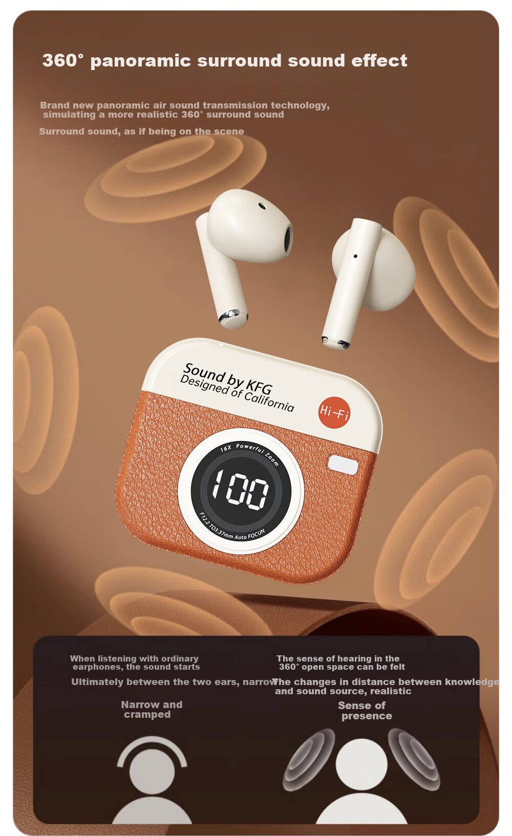 EARISE [Berlin Sound] Retro Camera Style Deep Noise Reduction Long Battery Life Semi-In True Wireless Bluetooth Earphones for Sports Running Q86 Skin Color 4