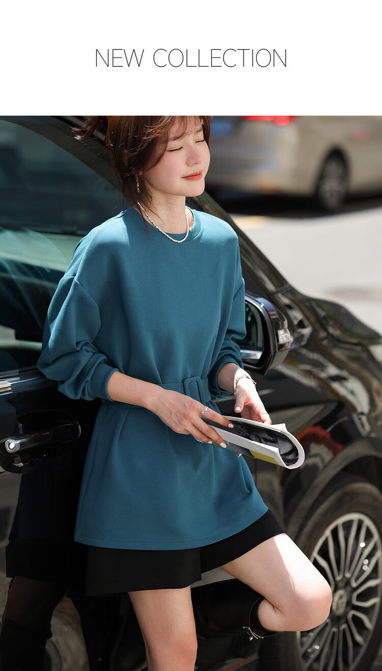 MT Soft Touch Cloud Cotton Autumn Stylish Belted Round Neck Loose Comfortable Mid-Length Sweatshirt for Women 1