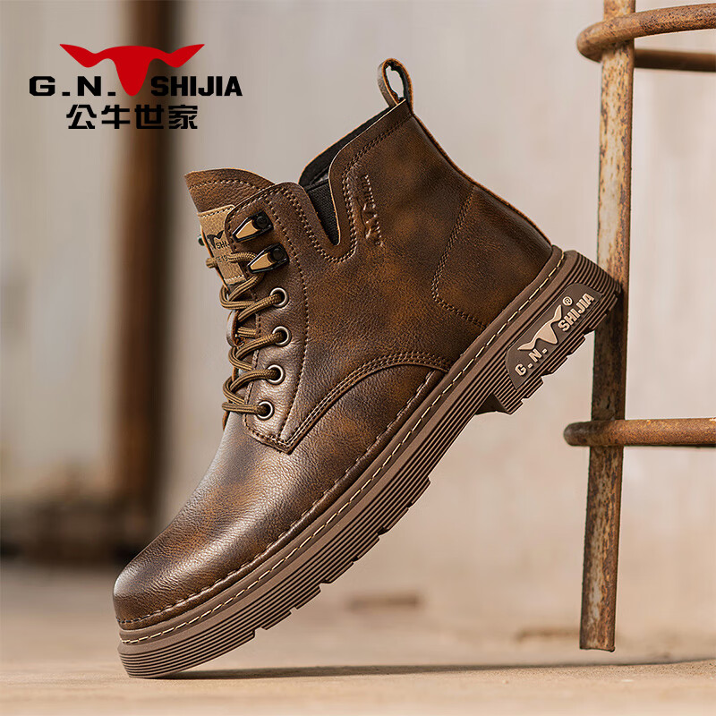 Bull Family Men's Autumn Winter New Retro British Martin Boots Fashion Versatile Work Boots Mid-High Lace-Up Leather Boots