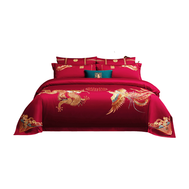 JD Original Dahixijing Embroidery Wedding Bedding Set, 60-Count Sateen Pure Cotton Chinese-Style Wedding Red Traditional Auspicious Dragon Phoenix 1.8m