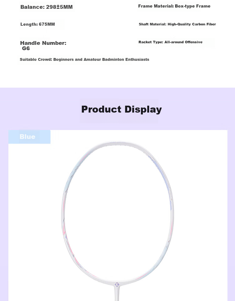 KUMPOO Badminton Racket, Full Carbon Fiber, 5U Ultra-Light Offensive Type, for Beginners And Intermediate Players, Single Racket, Xunfeng Nebula White And Purple Color 12
