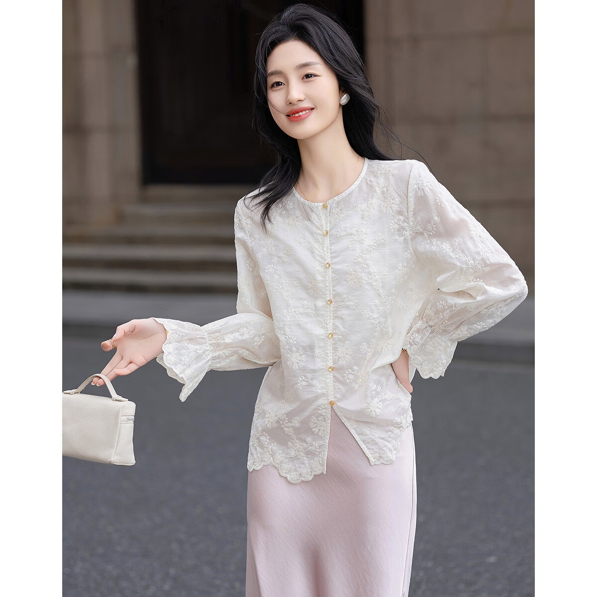 Demana Light Breath Lyocell Spring Autumn Hollow Lace Embroidered Bell Sleeve Shirt Petite Women's Top