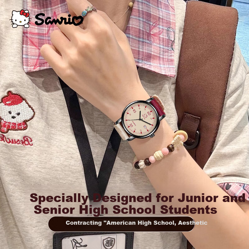 Hello Kitty Watch for Female Students, Specialized for Middle School And High School Exams, Retro Canvas Strap Quartz Watch, Sanrio Birthday Gift