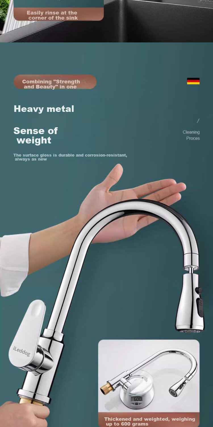 ILeddog [Germany] Kitchen Faucet with Filter, Vegetable Washing Basin, Hot And Cold Water, Stainless Steel Swivel Anti-Splash Tap GY2D 7