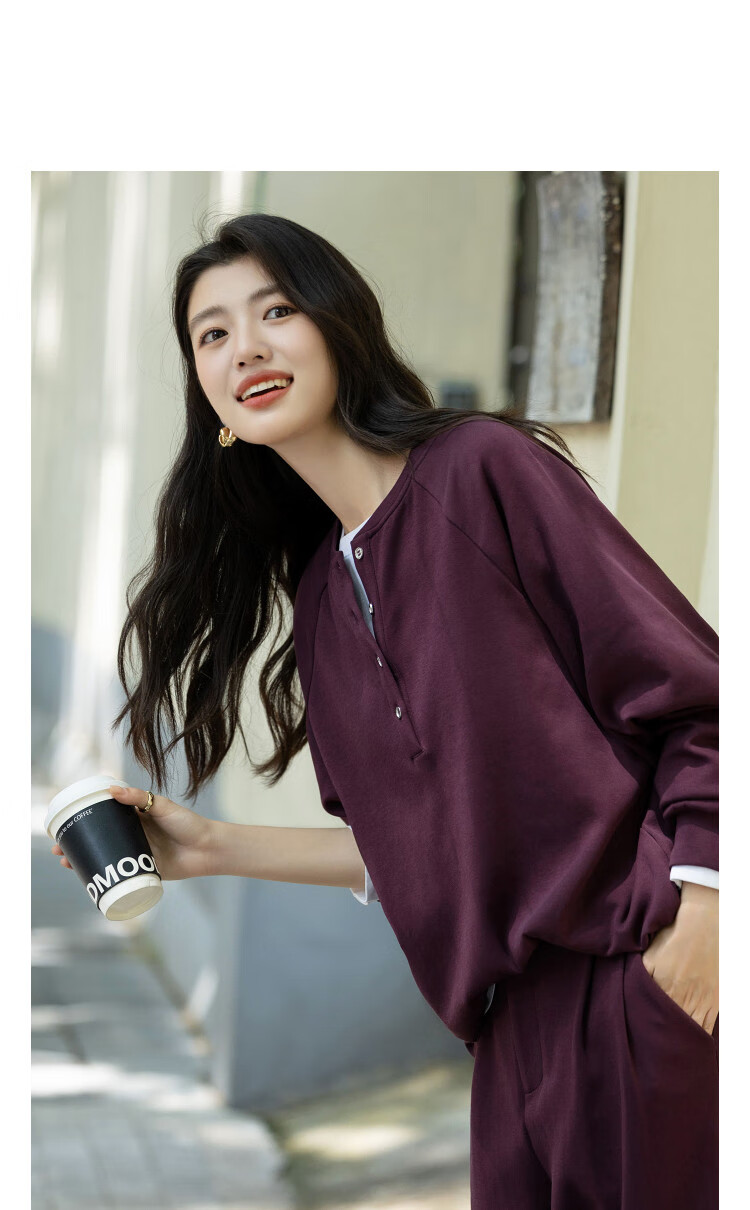 Demana [Comfort Elastic 280G Air Layer] Autumn Simple Style Baseball Collar Six-Button Loose Sweatshirt for Women 2