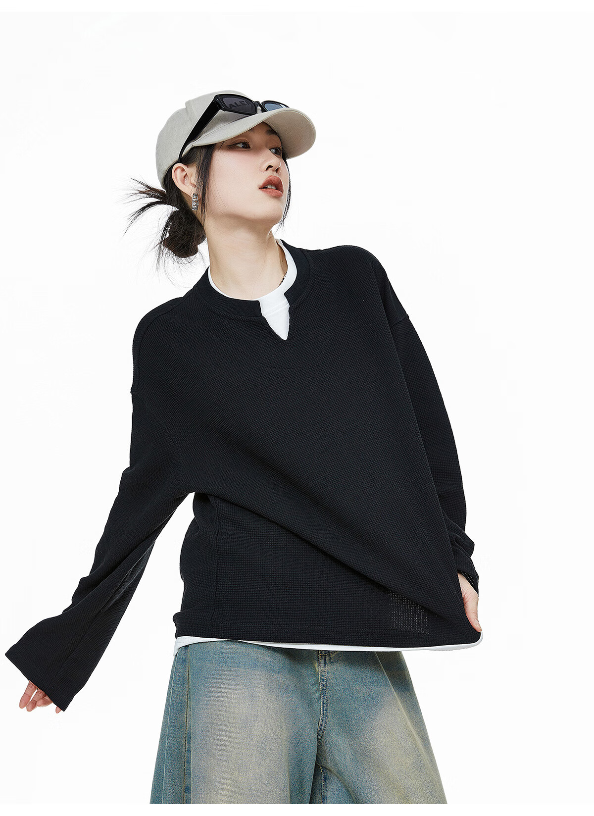 ICH MODE Women's Pullover Sweatshirt American Waffle Long Sleeve T-Shirt Autumn Winter Loose Casual Henley Neck Top Gray L 44