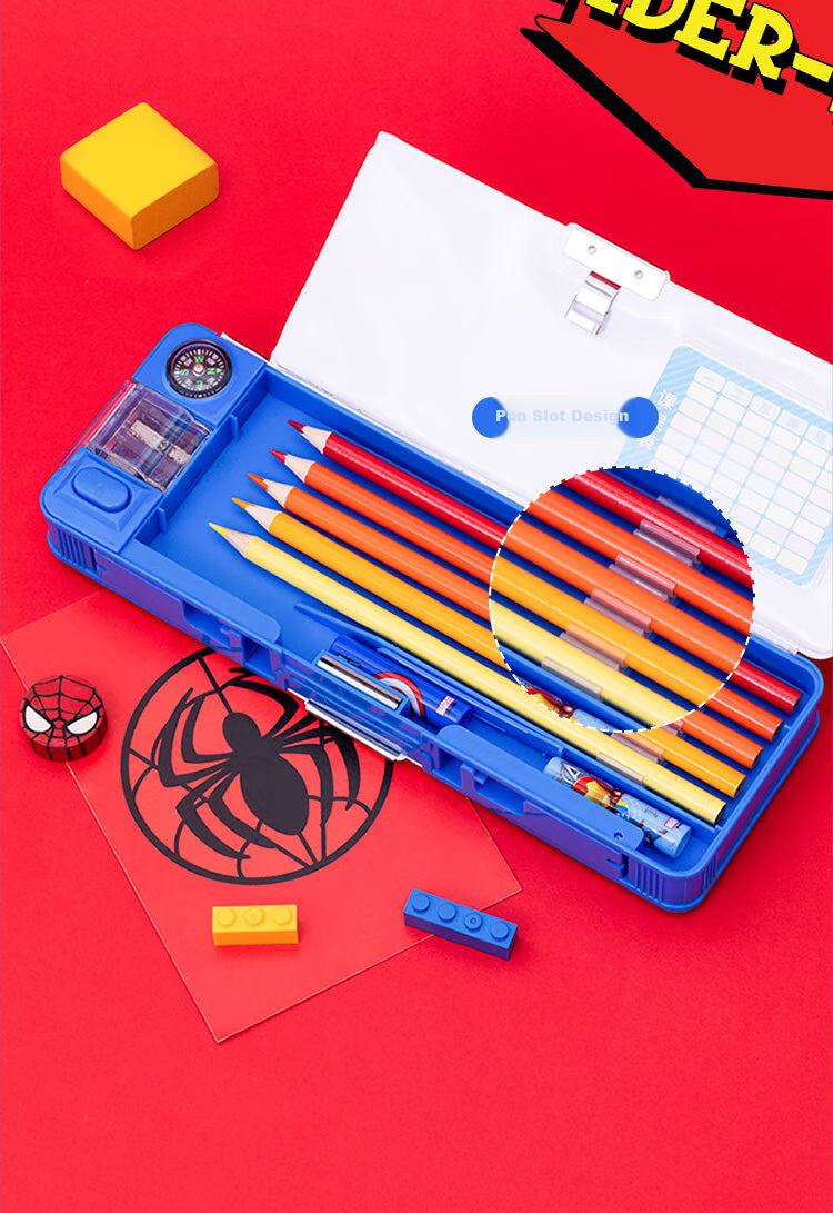 Disney Elementary School Pencil Case, Multifunctional Plastic Pencil Box with Sharpener And Compass, Graduation Gift Birthday Present Double-Sided Large Capacity Pencil Case, Spider-Ma 5