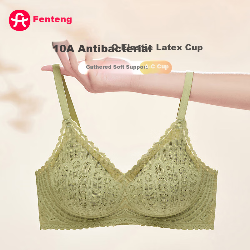 Fenteng Wireless Bra for Women, New Antibacterial Latex Light Cup Sexy Lace Anti-Spillage Underwear for Wome