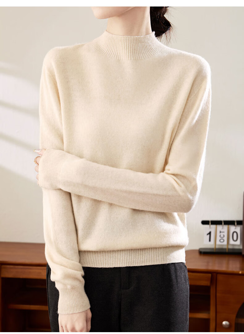 YUZHAOLIN 100% Pure Wool Slim Fit Half Turtleneck Knit Pullover Sweater for Women, Apricot 2