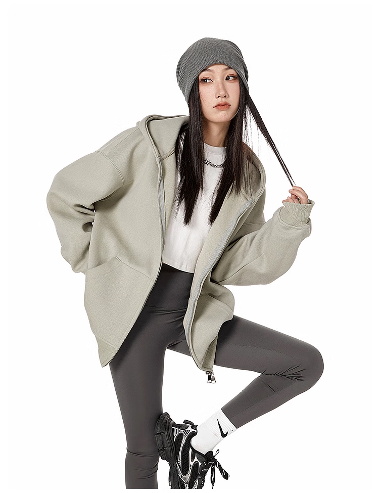 ICH MODE Fleece-Lined American Style Hoodie Jacket Women Autumn Winter Loose Fit Double Zipper Cardigan Lazy Long Sleeve Coat Black L 20