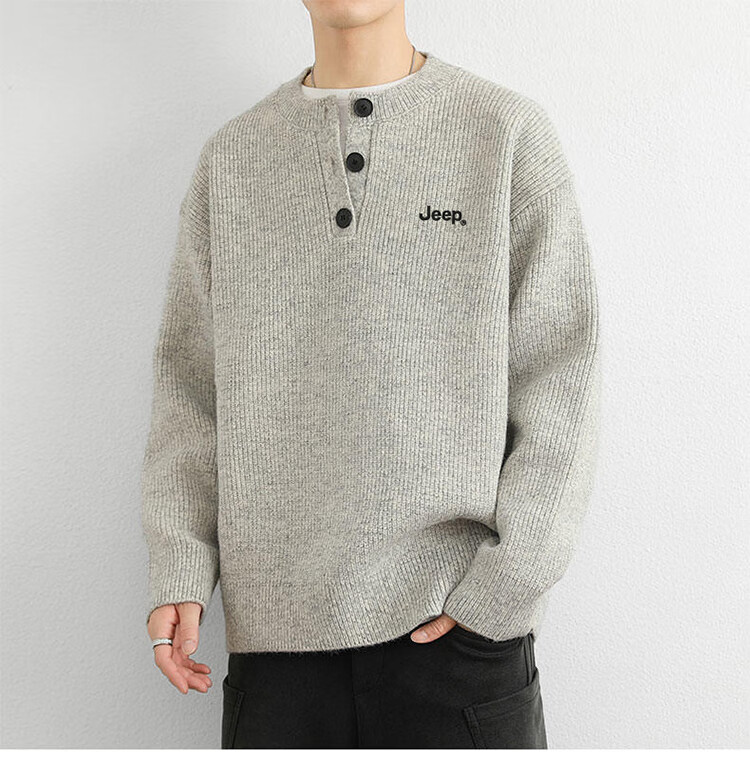 JEEP Men's Winter Sweater Thickened Warm Knitted Shirt Light Gray XL 3