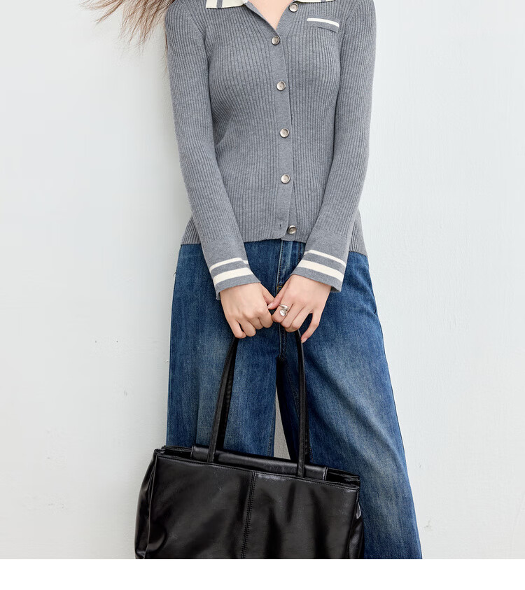 Sentubila Wool-Blend College Style Knit Sweater Women Autumn Colorblock Striped Polo Collar Hollow Out Split Slim Top 11