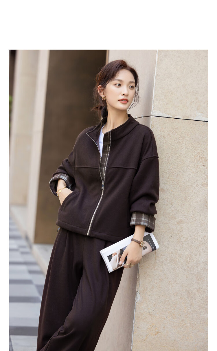 Demana [Style Set] Winter Elegant Stand Collar Plaid Patchwork Jacket with Color-Block Elastic Waist Long Pants Women's Two-Piece Set 1