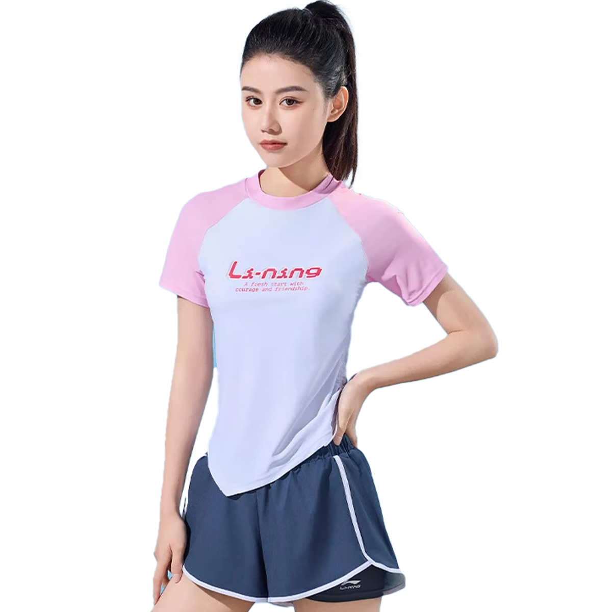 Li-Ning Women's Swimsuit, Sports Casual Two-Piece Boyshort Swimwear, Tummy Control Slimming Hot Spring Swimwear 465 Pink XXL