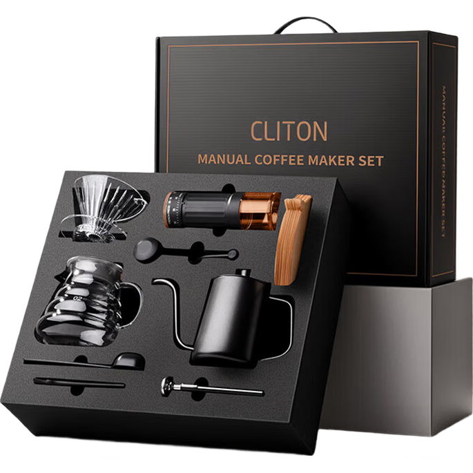 CLITON Hand-Crank Coffee Grinder, External Coffee Bean Grinder, Manual Coffee Grinder, Coffee Pot, Filter Cup, Pour-Over Kettle, Gift Box Set