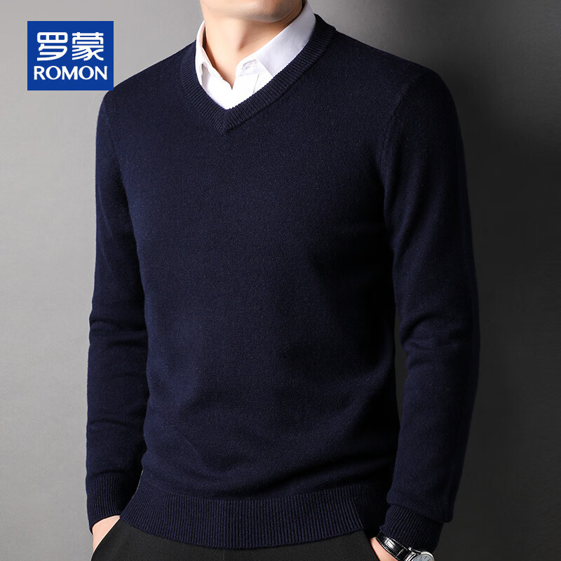 ROMON 100% Pure Wool Men's Thick Heavy 430G Warm V-Neck Casual Knit Sweater Autumn Winter