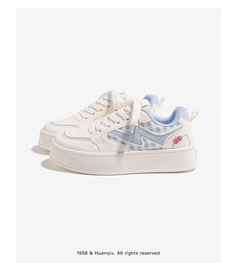 Huanqiu Thick-Soled Versatile Casual Shoes, 2025 Autumn New Style Plaid White Sneakers, Lightweight Student Skateboard Shoes for Women, Beige Blue, Size 38 4