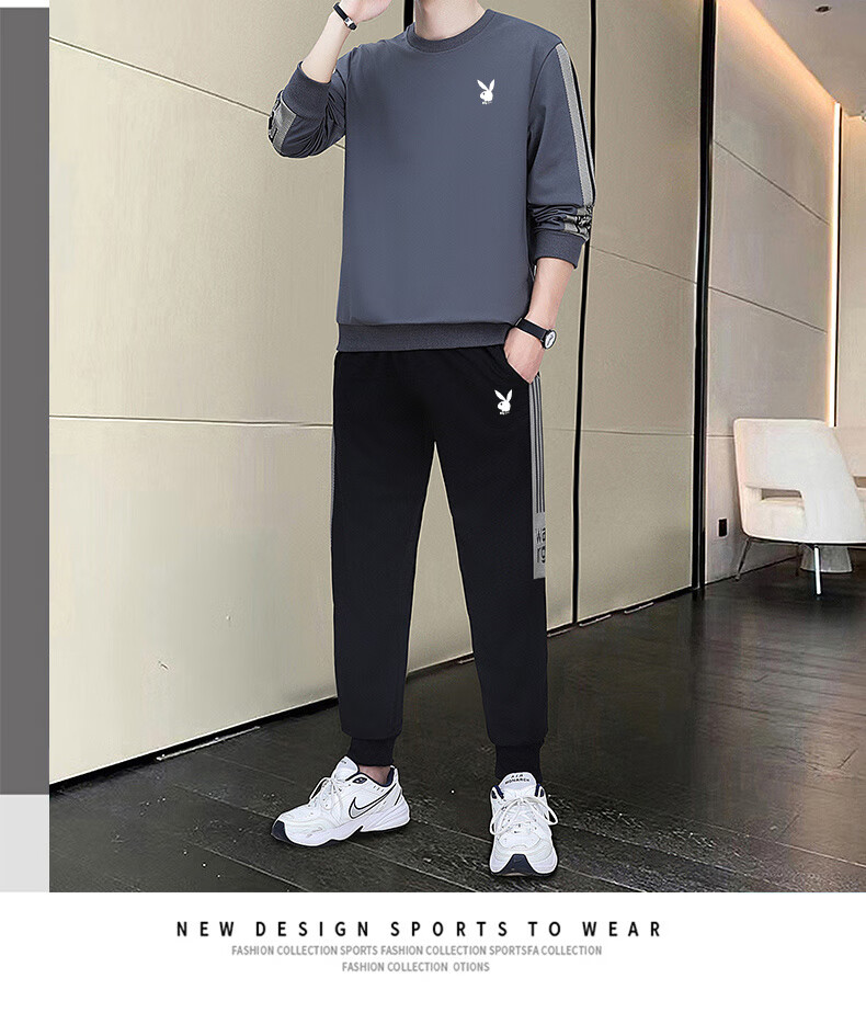 Playboy Men's Long Sleeve T-Shirt and Pants Set Spring Autumn Casual Sports Two-Piece Black L 17