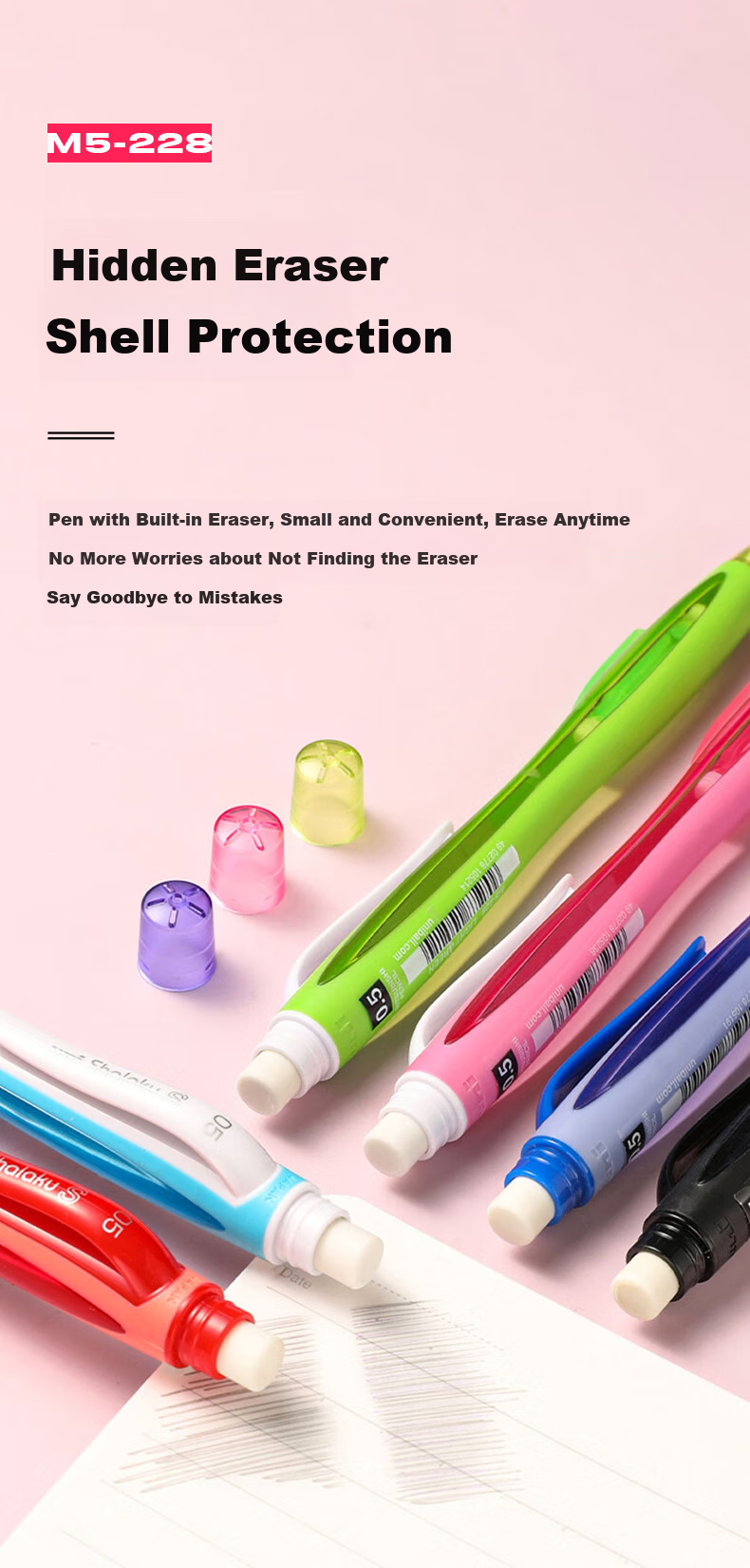 Uni Mitsubishi Student Mechanical Pencil M5-228 with Side Button for Lead Extraction, Eraser Included, Light Green, Single Pack 2