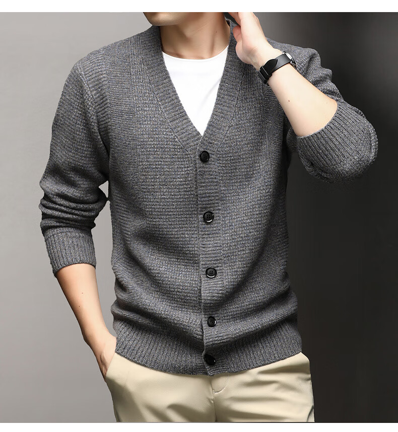 Hengyuanxiang Men's Wool Cardigan Thickened 100% Pure Wool Winter New V-Neck Warm Sweater Men's Versatile Knit Jacket 17