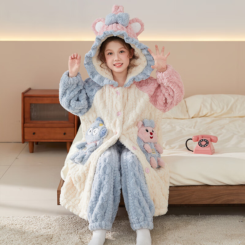 MiiOW Coral Fleece Children's Bathrobe Autumn Winter Thickened Plush Cartoon Warm Homewear for Girls 2025 New Style