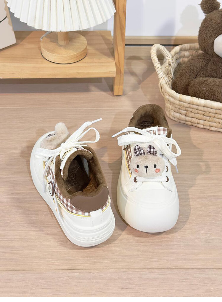 Renben Fleece-Lined Women's Cartoon White Shoes Winter New Cotton Shoes Thick Sole Casual Shoes Khaki Cotton Shoes Size 39 11