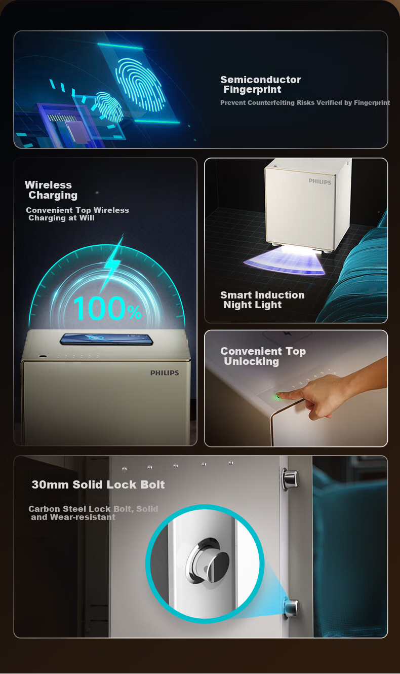 PHILIPS Safe, Home Bedside Cabinet-Style, Wireless Charging, Smart Alarm, Fingerprint Password Key, Office Safekeeping Box, Safe SBX300, Smoke White 3