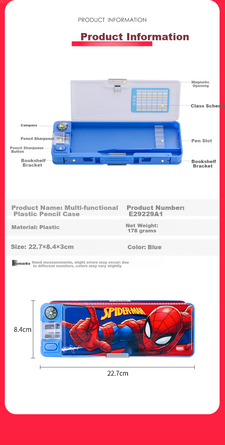 Disney Elementary School Pencil Case, Multifunctional Plastic Pencil Box with Sharpener And Compass, Graduation Gift Birthday Present Double-Sided Large Capacity Pencil Case, Spider-Ma 6