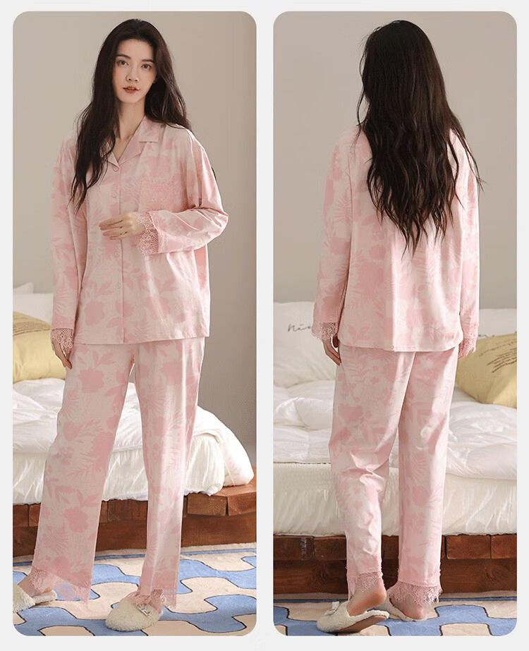 Ordifen Women's 100% Cotton Autumn Winter Long Sleeve Lapel Cardigan Pajamas Pink L 3