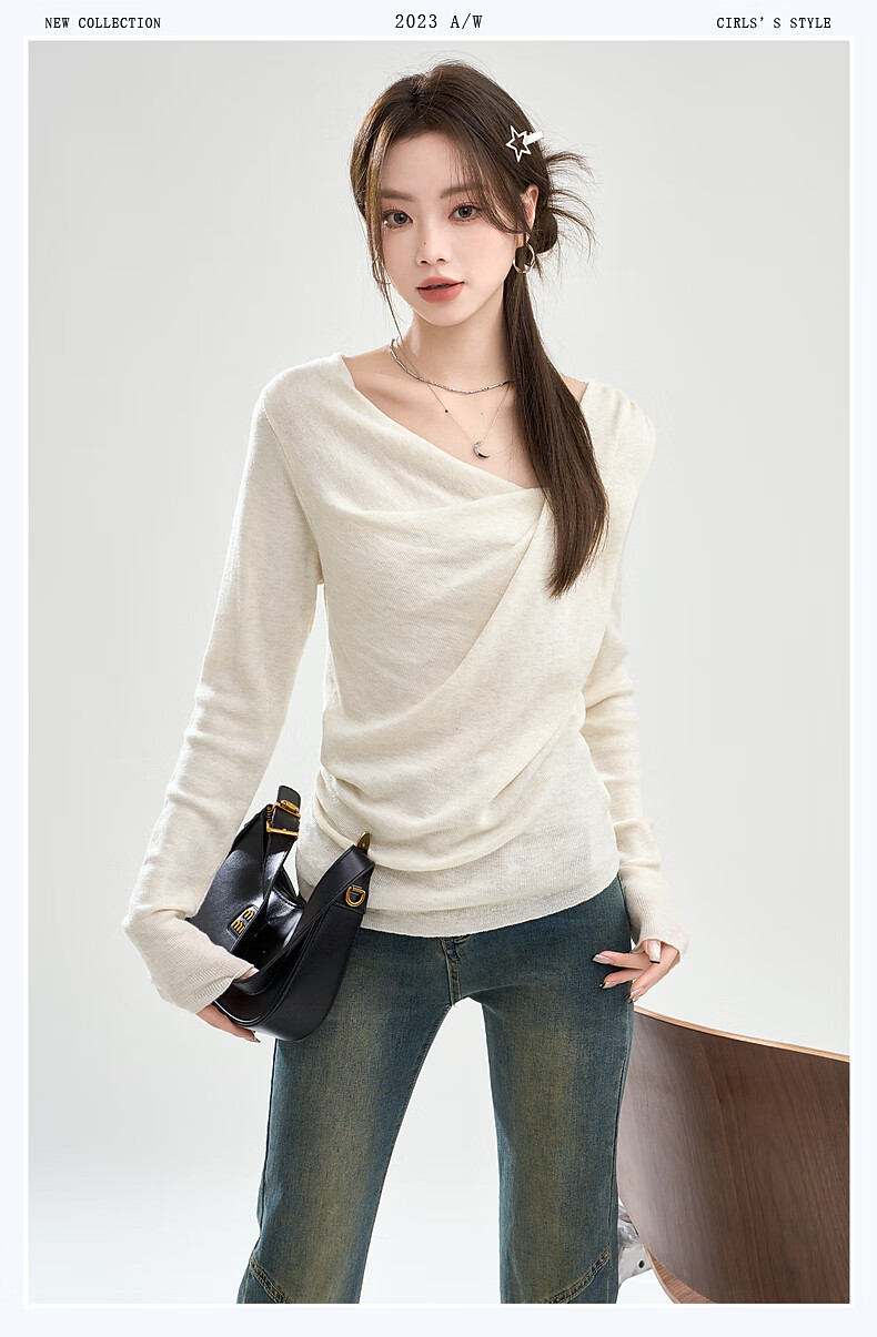 La Chapelle Women's Slim Fit V-Neck Pleated Knit Top T-Shirt in Apricot, Size S 8