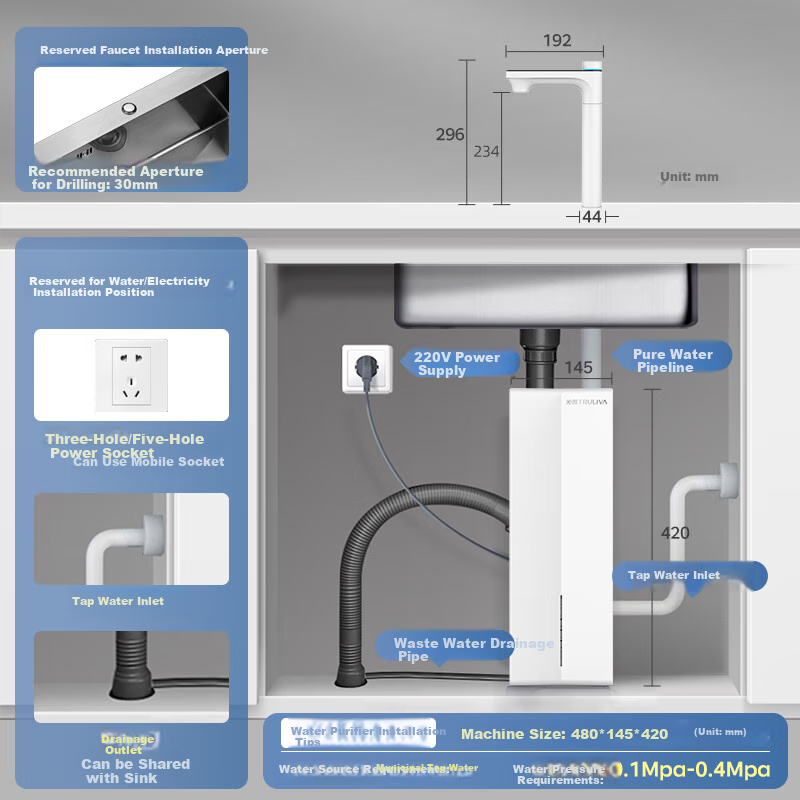 TRULIVA Home Heating Water Purifier, Dual Cartridge 4.0 1000G, 8-Year RO Filter, 1200G Initial Flow Rate Experience, Under-Counter Direct Drinking All-In Machine UR-S61096H