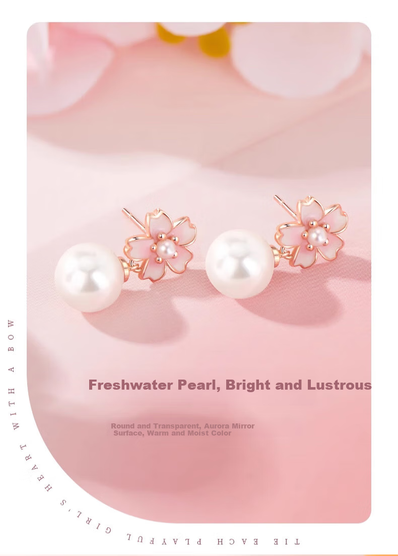 Zhoubaifu Cherry Blossom Pearl Earrings for Women, Elegant Silver Studs, Birthday Gift for Girlfriend Or Wife 8