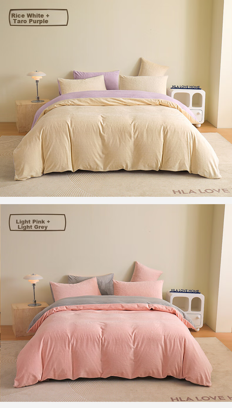 HLA A-Class 7A Antibacterial Milk Velvet 4-Piece Bedding Set Winter Thickened Coral Fleece Double-Sided Plush Double Bed Sheet and Duvet Cover Set 11