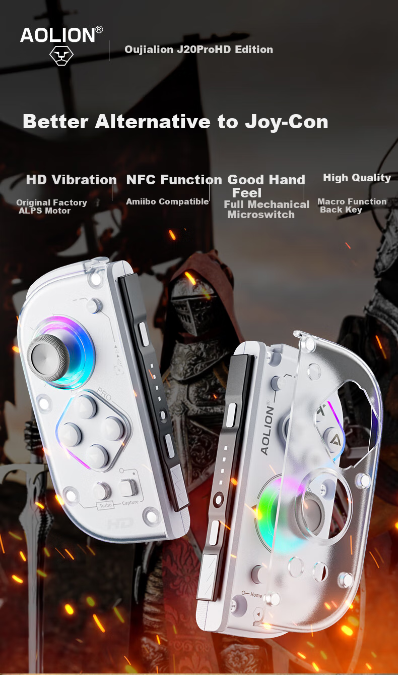 Aolion J20Pro Knight Switch Controller JoyCon Split Controller HD Vibration NS2 Wireless Bluetooth Macro Programming Pokémon ZA Mario Party NFC Left and Right Game Controller 1
