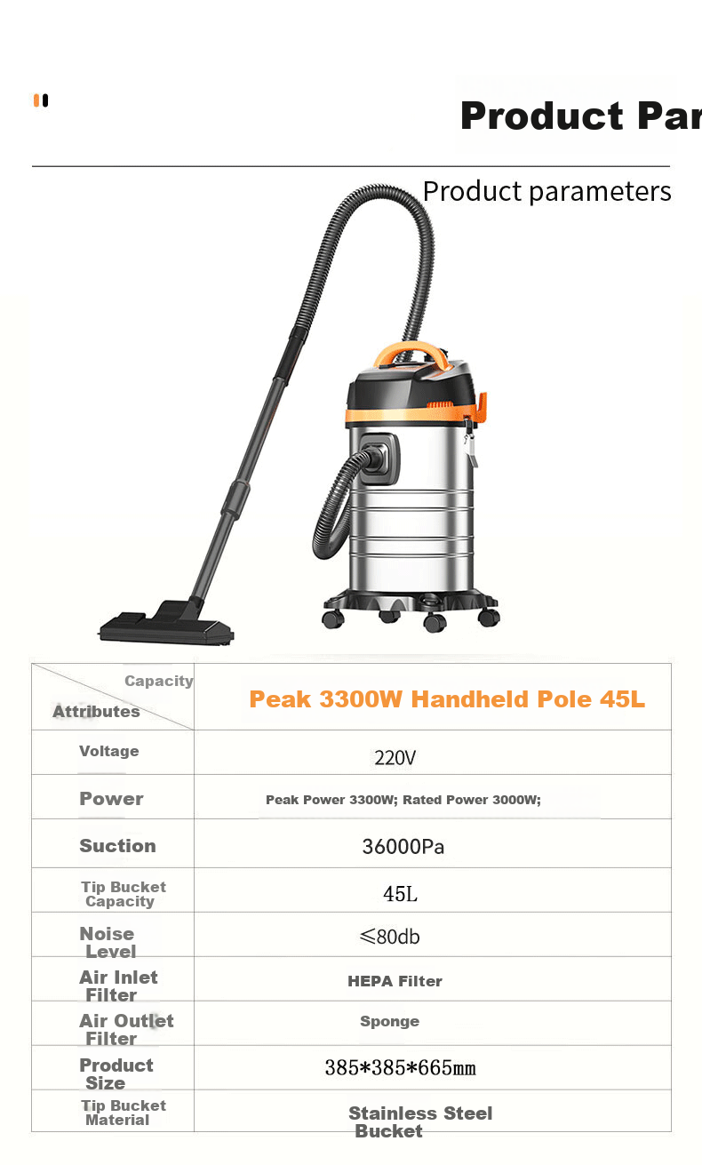 Royalstar Vacuum Cleaner, Industrial 3300W Peak Power, High Suction for Home Use, 45L Capacity, for New Construction And Renovation Cleaning, Commercial Use in Hotels, Car Wash Shops, RS-XT300B 12