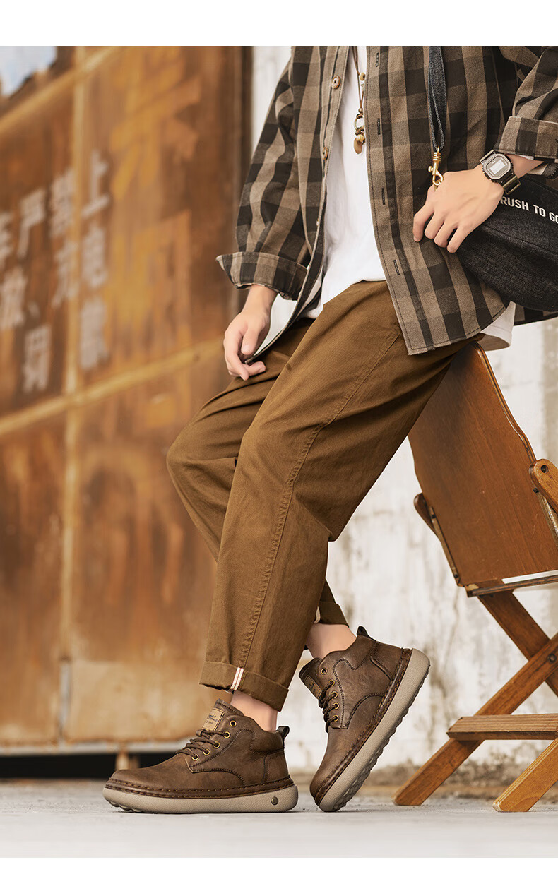 G.N.Shi Jia Men's Martin Boots Autumn Winter New Fashion Retro Work Shoes Casual Mid-top Lace-up Leather Shoes for Men 13