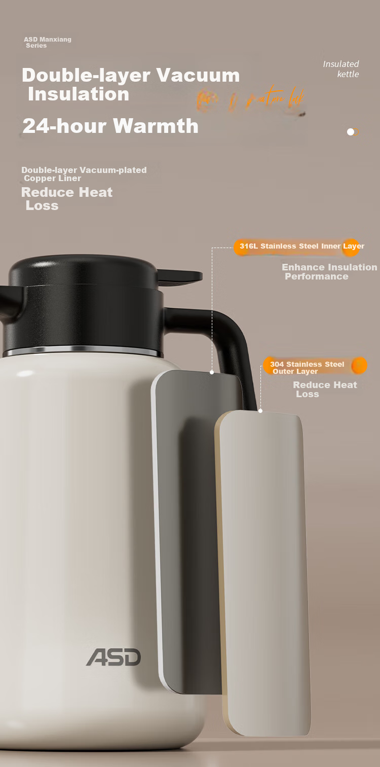 ASD Insulated Bottle, Large Capacity for Home Use, 316L Stainless Steel Inner Liner, Vacuum Thermal Water Kettle, Thermos Flask, 1.8 Liter, Xingyun White 4