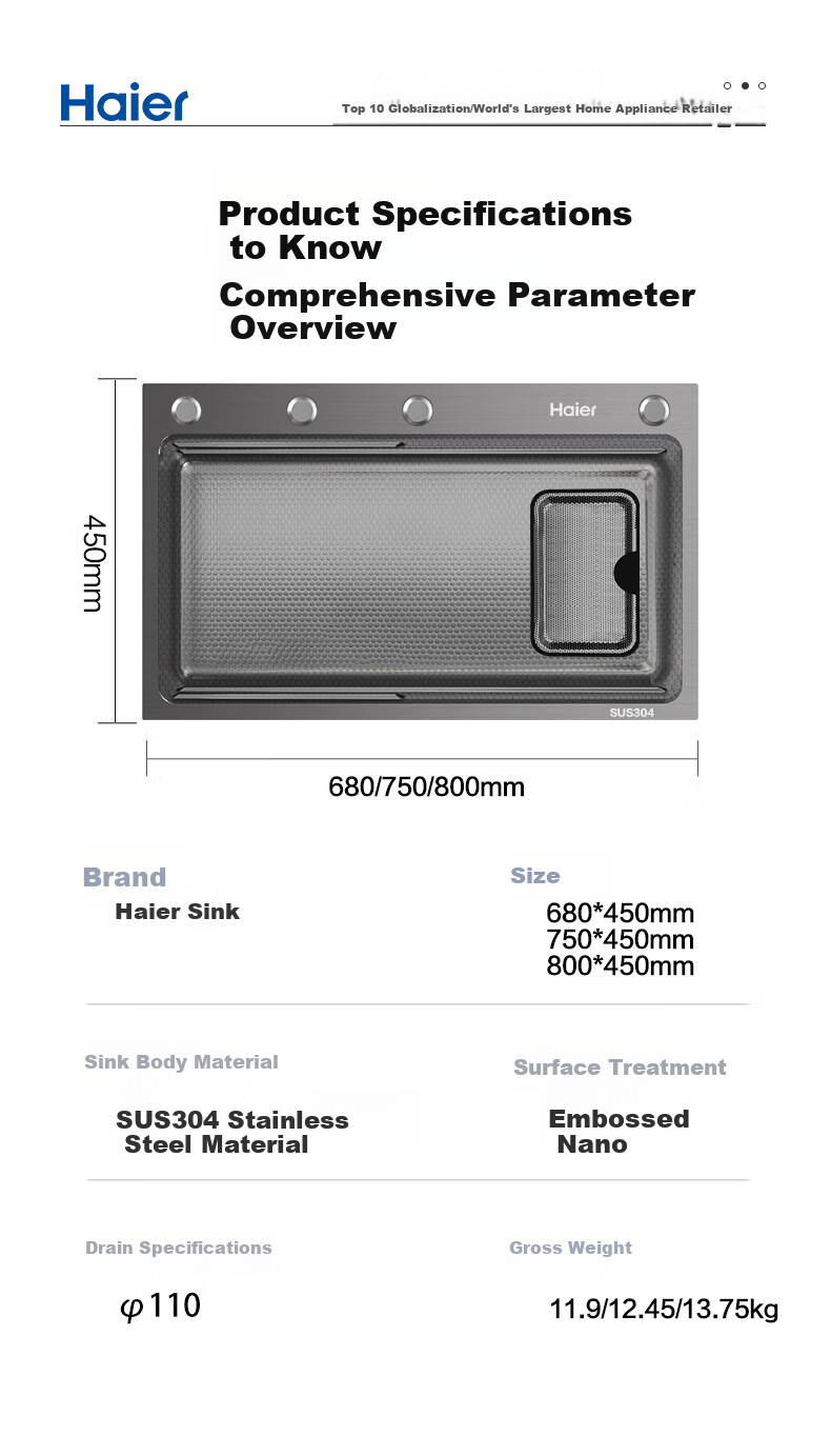 Haier Large Single Sink, Kitchen Thickened 304 Stainless Steel Vegetable Washing Basin, Integrated Hand-Washing Sink, Food Prep Sink with Strainer 27