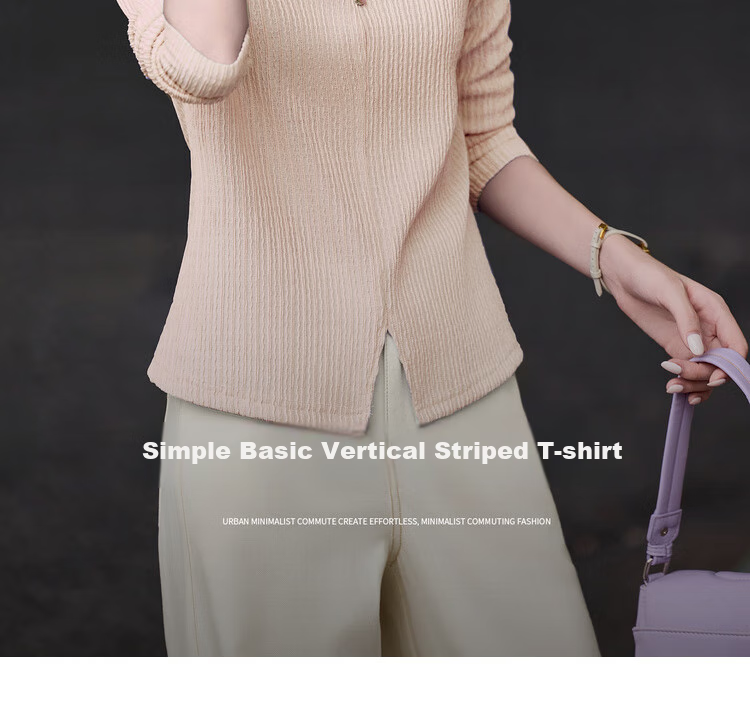 Sentubila [Solid Color Long-Sleeve T-Shirt], 2025 Autumn Vertical Striped Textured V-Neck Placket Three-Button Elastic Long T-Shirt 1
