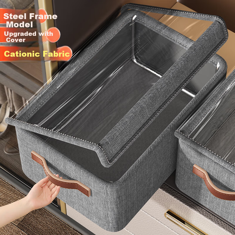 Shuranjia cation storage box steel frame organizer for pants and clothes, gray with lid, extra large size