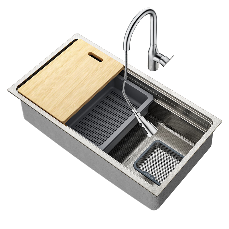 JOMOO Stainless Steel Embossed Filter Strainer Narrow-Edge Double-Sink Large Single Sink Kitchen Vegetable Washing Basin 75*43 Pull-Out Faucet 02373