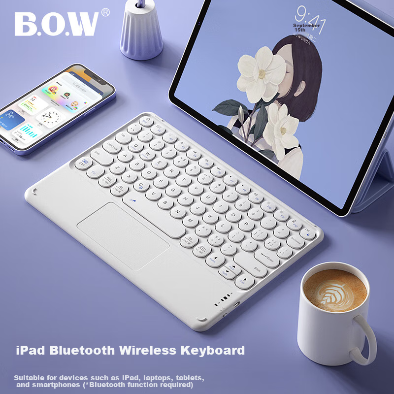 BOW Hangshi X51C Ultra-Thin Bluetooth Wireless Touch Keyboard Compatible with IPad, Xiaomi, Huawei, Apple Tablets, Smartphones, Laptops, Quiet Charging Keyboard, White