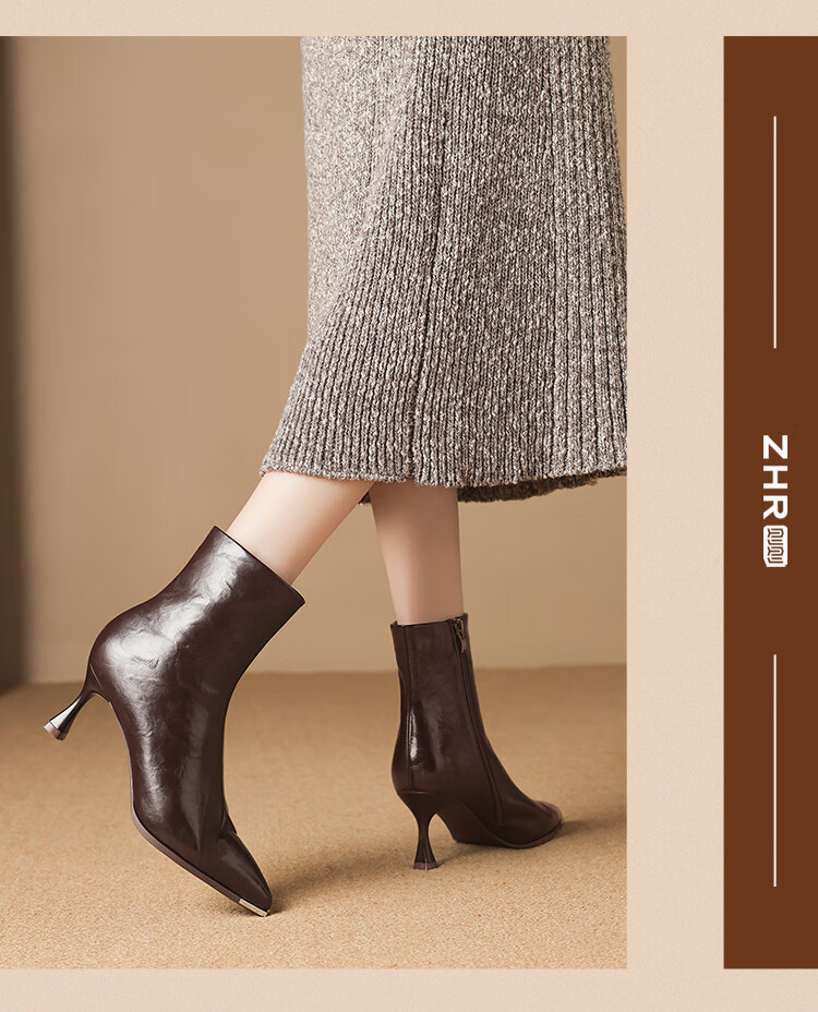ZHR Pointed Toe Fleece-Lined Women's Ankle Boots Elegant Versatile Commuter Stiletto High Heel Boots BQ137A Black Size 39 4