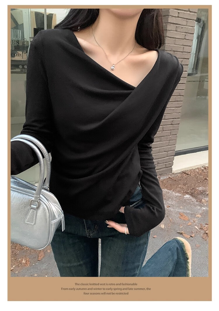 Woodpecker Dangling Collar Long Sleeve T-Shirt Women Autumn New Pure Desire Off-Shoulder Slim Fit Base Shirt Top Apricot XL 11