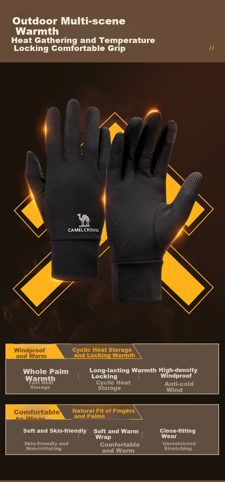 CAMEL Touchscreen Gloves for Men, Non-Slip, Fleece-Lined, Warm, Outdoor Sports Thin Gloves, Winter Women's A1W3GZ103 Ink Black L 3