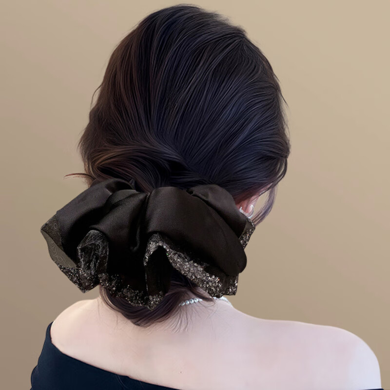 Jianyingshu French Satin Extra Large Scrunchie Black Hair Tie for Bun High Ponytail Hair Accessory