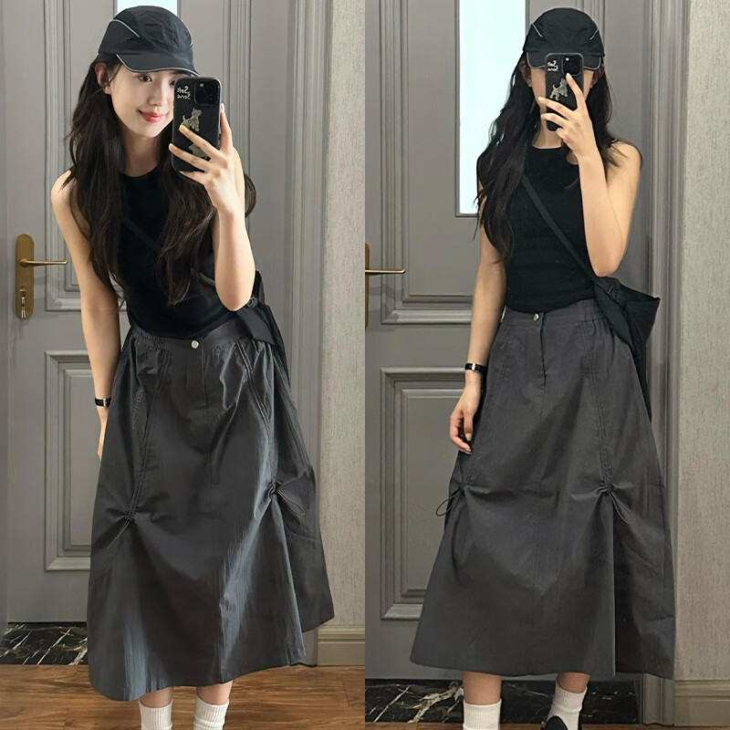 LangSha Gray Workwear Skirt Women Autumn 2025 New High Waist Drawstring A-Line Flared Slim American Casual Half Skirt